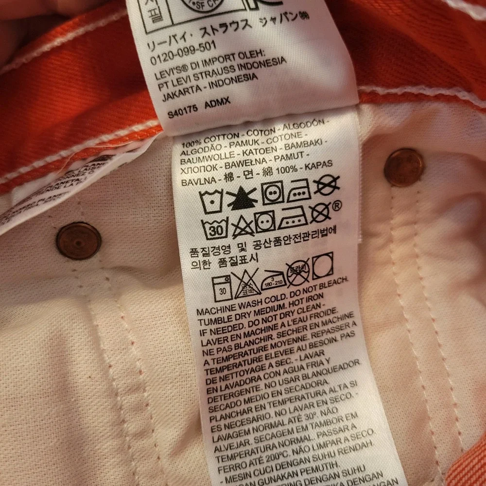 Levis 34x32 Jeans Orange Red Straight Leg White Contrast Stitch 501 Retro 90s